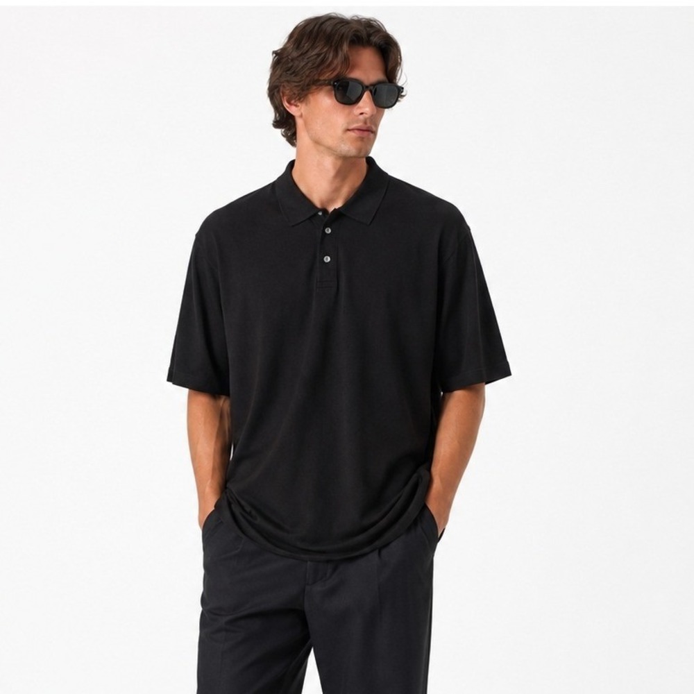 Vince 100% Cotton Short Sleeve Polo Shirt Black Minimalist Old Money Size XXL